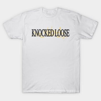 White t-shirt with "Knocked Loose" text, casual style, made of cotton, perfect for everyday wear.