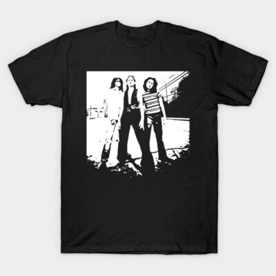Black graphic tee with vintage band design, cotton material, casual wear, unisex style, perfect for music enthusiasts.