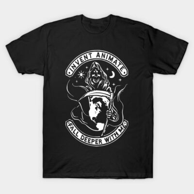 Black graphic t-shirt with white print featuring abstract design and text, ideal for casual wear. Cotton material.