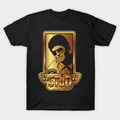 Black t-shirt with gold retro design and "Stud" text, casual style, perfect for everyday wear.