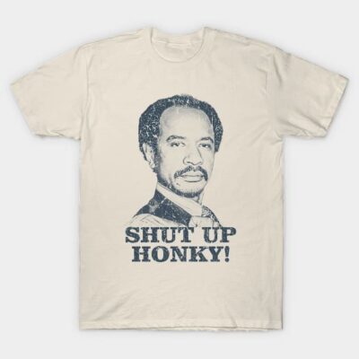 Beige graphic t-shirt with vintage-style print, featuring bold text and portrait. Perfect for casual wear and statement looks.