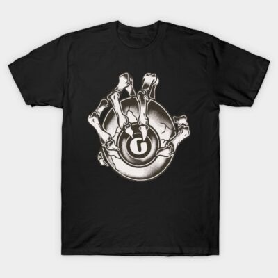 Black cotton t-shirt featuring a skeleton hand grasping a power button design, ideal for casual wear and tech enthusiasts.