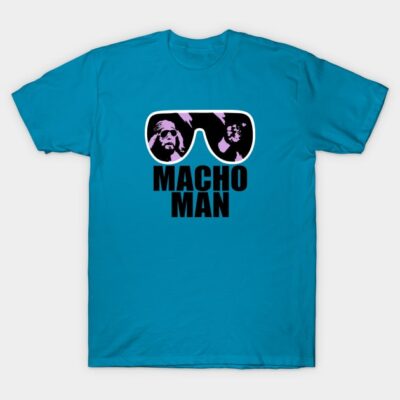 Turquoise t-shirt with bold "Macho Man" text and sunglasses graphic, casual wear, cotton blend material.