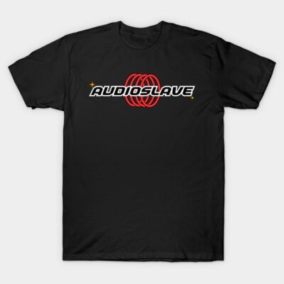 Black Audioslave logo t-shirt with red and white design, casual cotton tee for music lovers.