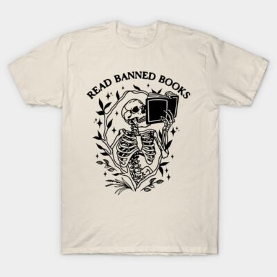 Cream t-shirt with "Read Banned Books" skeleton design, casual style, ideal for book lovers and casual wear.