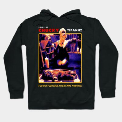 Black "Bride of Chucky" hoodie featuring horror-themed graphic design, cotton material, perfect for casual wear.