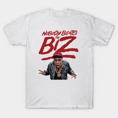White cotton t-shirt with bold red "Nobody Beats the Biz" text and graphic design, casual streetwear style.