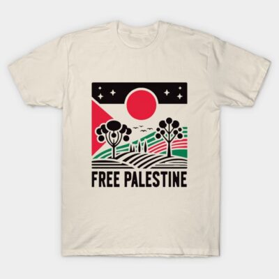Beige t-shirt with bold graphic design and "Free Palestine" text, illustrating trees and landscape under a red sun.