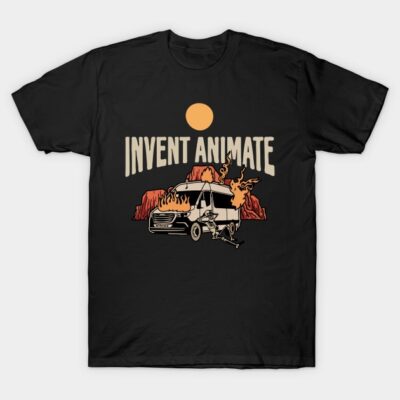 Black graphic t-shirt featuring "Invent Animate" text with vintage van and sunset design, casual cotton wear.