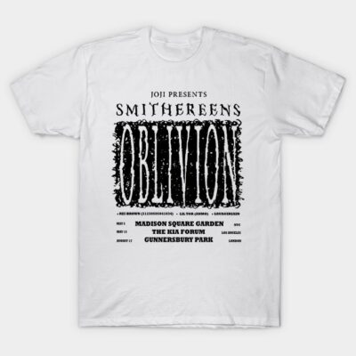 White cotton t-shirt with black "Smithereens Oblivion" text design, ideal for casual wear.