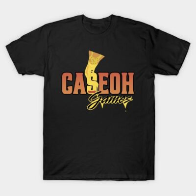 Black graphic t-shirt with "Caseoh Gamer" text, featuring a yellow cheese design. Casual wear, cotton material.