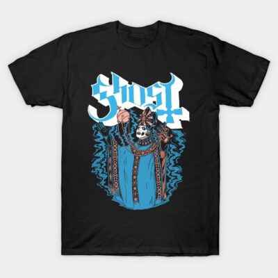 Black t-shirt with a blue and orange skeleton priest design and bold text, perfect for casual wear.