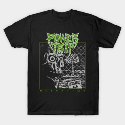 Black graphic t-shirt with skull design, green text "Power Trip Ruination," perfect for casual wear, cotton material.