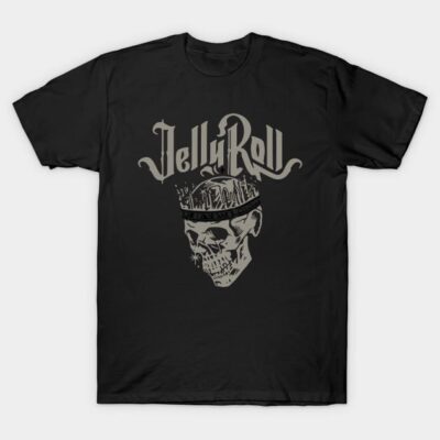 Black graphic t-shirt with skull and crown design, featuring bold text. Casual wear, cotton material, unisex style.