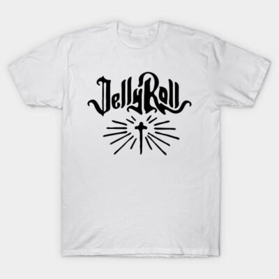 White cotton t-shirt with "Jelly Roll" graphic and cross design, casual style, unisex, perfect for everyday wear.