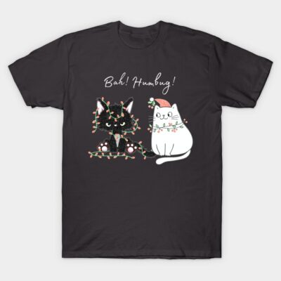 Black Christmas cat t-shirt with festive lights design, "Bah! Humbug!" text, casual holiday wear, cotton blend.