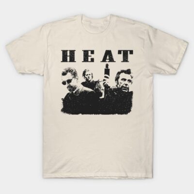 Cream t-shirt with "HEAT" graphic in bold black text, featuring a vintage-style movie-inspired design.