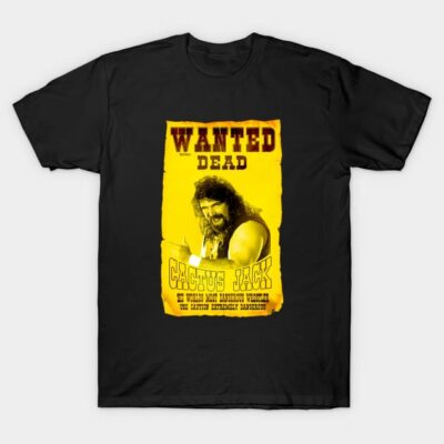 Black graphic t-shirt with bold yellow "Wanted Dead Cactus Jack" design, casual wear, cotton material.