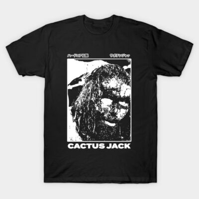 Black "Cactus Jack" graphic t-shirt with bold design, casual wear, 100% cotton, unisex style, perfect for everyday use.