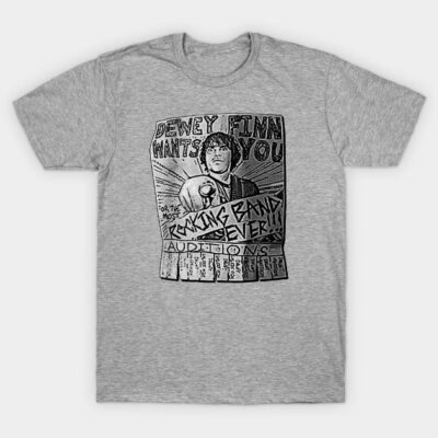 Gray graphic T-shirt with vintage rock band audition poster design, ideal for casual wear and music enthusiasts.