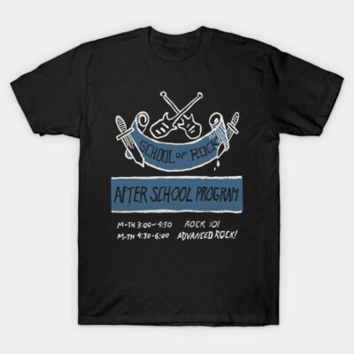 Black "School of Rock" t-shirt with graphic design, perfect for music lovers and casual wear. Cotton material, unisex style.