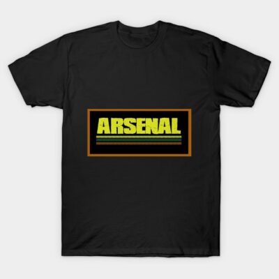 Black cotton T-shirt featuring bold yellow "Arsenal" text design on front, casual style, perfect for everyday wear.