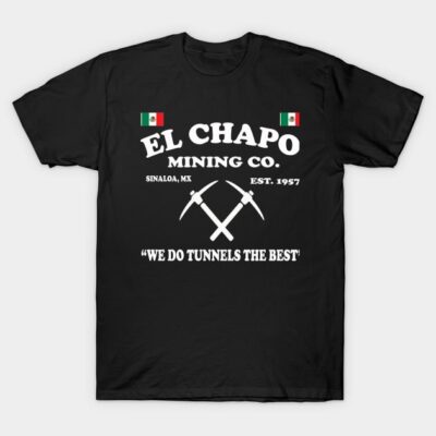 Black t-shirt with mining-themed graphic, featuring text and pickaxe design. Casual style, cotton material.