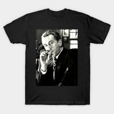 Black t-shirt featuring monochrome printed design, casual wear, cotton material.