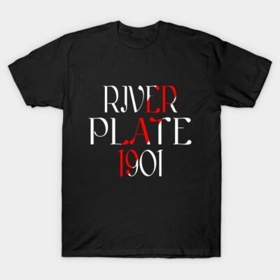 Black t-shirt with "River Plate 1901" graphic, stylish design, casual wear, cotton material.