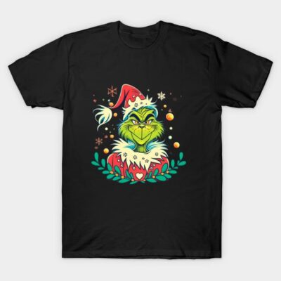 Black Christmas-themed t-shirt featuring cartoon character in Santa hat, festive design with snowflakes and ornaments.