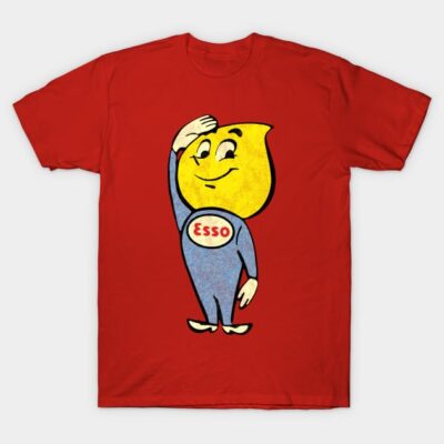 Red Esso t-shirt with vintage character graphic, casual style, 100% cotton, unisex, perfect for everyday wear.