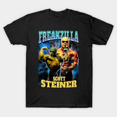 Black graphic t-shirt featuring bold "Freakzilla" design with vibrant colors, ideal for casual wear.