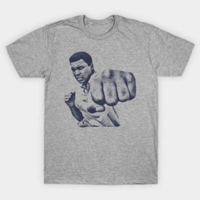 Gray graphic t-shirt with bold fist illustration, casual wear, cotton blend, unisex style.