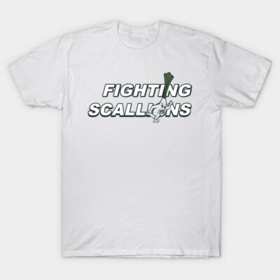 White "Fighting Scallions" graphic t-shirt with playful vegetable design, casual style, unisex cotton material.