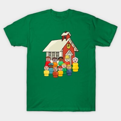 Green t-shirt with colorful, playful schoolhouse graphic, perfect for casual wear or educational settings.