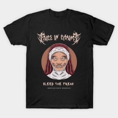 Black graphic t-shirt featuring horror-themed design with text "Bleed the Freak" and artistic illustration. Cotton material.