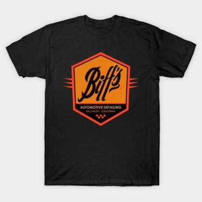 Black t-shirt with orange retro graphic design, perfect for casual wear. Made of 100% cotton for comfort.