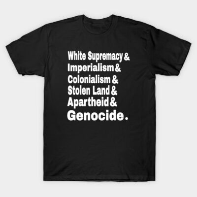 Black t-shirt with bold white text listing social justice themes, made of cotton, casual unisex style.
