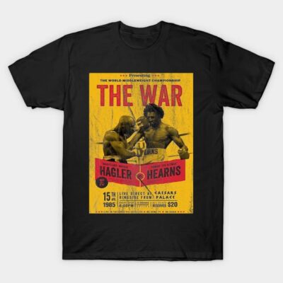Black t-shirt featuring vintage boxing match poster design in red and yellow, ideal for sports enthusiasts.