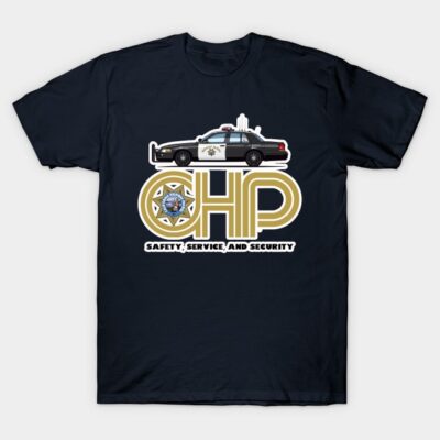 "Black t-shirt with police car graphic and 'CHP' logo, casual cotton wear for everyday comfort and style."