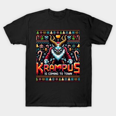 Black Krampus themed Christmas t-shirt, colorful graphic design, festive winter wear, cotton material.