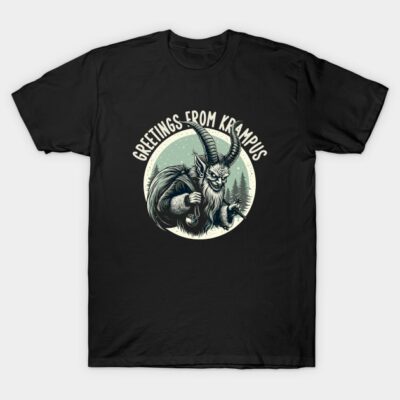 Black "Greetings from Krampus" T-shirt, featuring a vintage-style Krampus illustration, perfect for holiday wear.