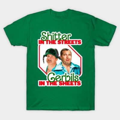 Green graphic t-shirt featuring humorous text and illustrations, casual wear, cotton material.