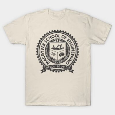 Cream short-sleeve t-shirt with engineering-themed black graphic and text, casual cotton wear, unisex design.