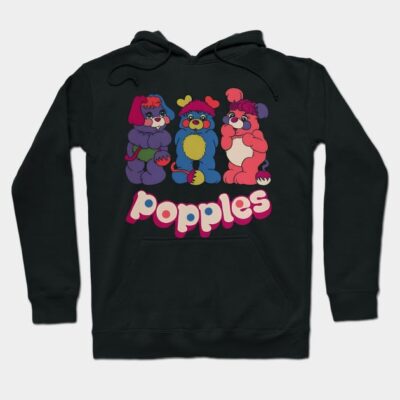 Black hoodie featuring colorful cartoon characters and "Popples" text, perfect for casual wear and pop culture fans.