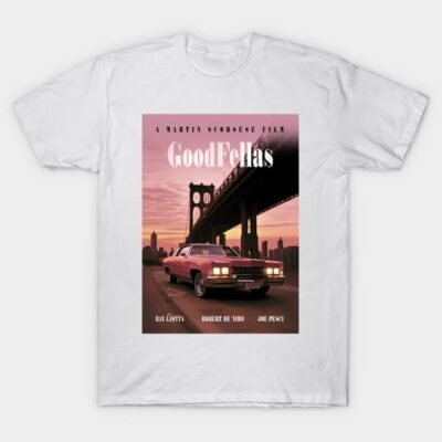 White "Goodfellas" graphic t-shirt featuring a vintage car and bridge design, ideal for casual wear.