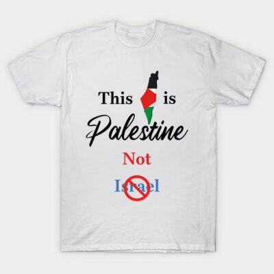 White T-shirt with "This is Palestine Not Israel" text, featuring a map design in black, red, green, and white.