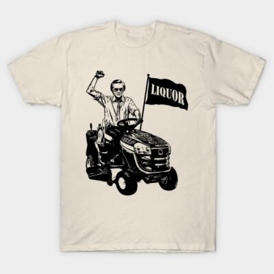 Beige T-shirt with black print of person on a lawnmower holding a "Liquor" flag, casual style, cotton material.