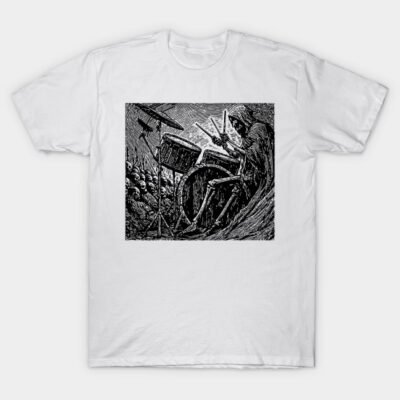 White t-shirt featuring a black and white graphic of a drummer playing in an artistic style, perfect for music lovers.