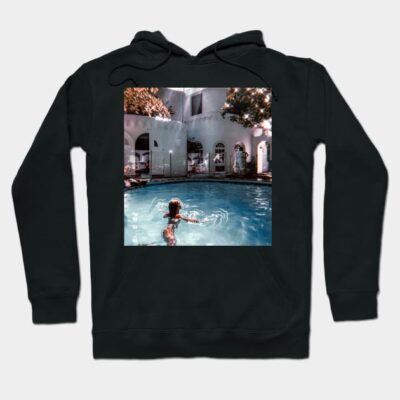 Black hoodie with poolside photo print, casual style, cotton blend, unisex design for everyday wear.
